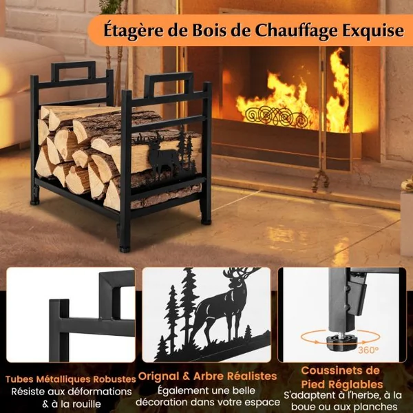 Range Bûche Intérieur Porte-Bûches Métal Charge 60 kg pour Rangement Bois Intérieur Porte Bûche Cheminée pour Poêl Foyer 46 x 34 x 45 cm