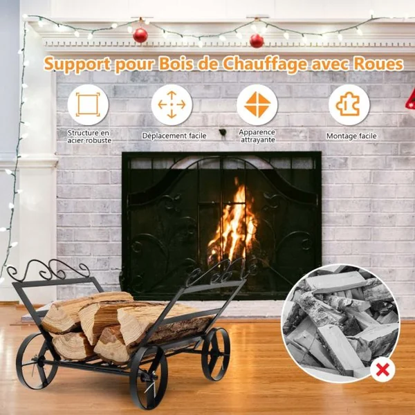 Range Bûches en Métal Serviteur de Cheminée avec 4 Roues pour Intérieur et Extérieur Idéal pour Cheminée Foyer Noir