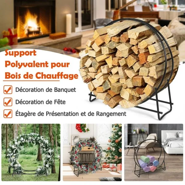 Range-bûches 102 CM Support Tubulaire Métallique Robuste pour Bois de Chauffage Montage Facile Range-bûches pour Patio Noir