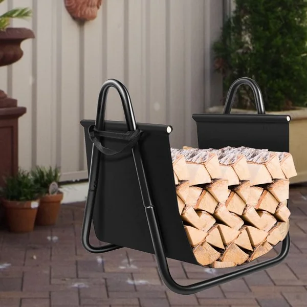 Range-bûches Extérieur avec Support en Toile pour Bois de Cheminée en Métal 46,5 x 43 x 52cm avec Poignées Base Triangulaire