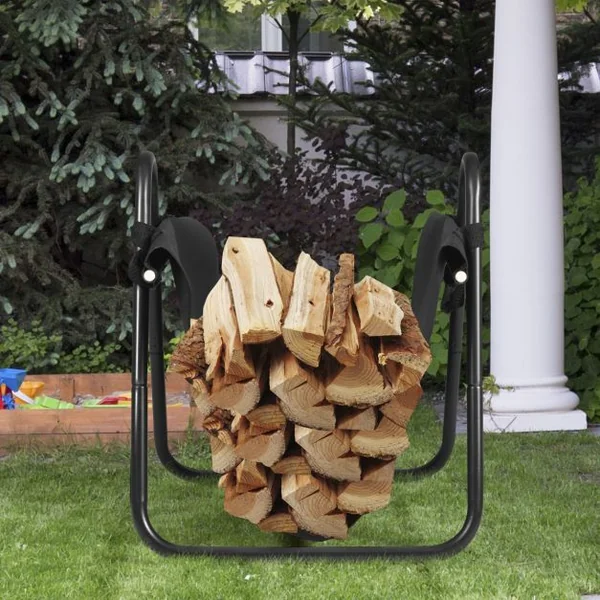 Range-bûches Extérieur avec Support en Toile pour Bois de Cheminée en Métal 46,5 x 43 x 52cm avec Poignées Base Triangulaire