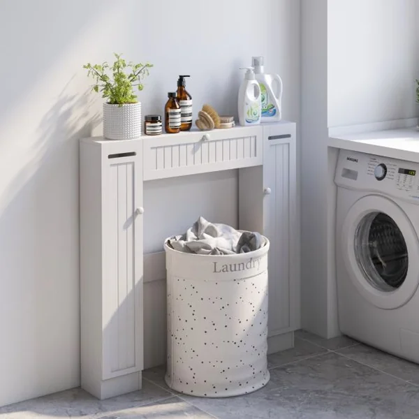 Rangement Au-dessus des Toilettes Organisateur de Salle de Bain Autoportant Étagères Réglables Porte-papier Blanc