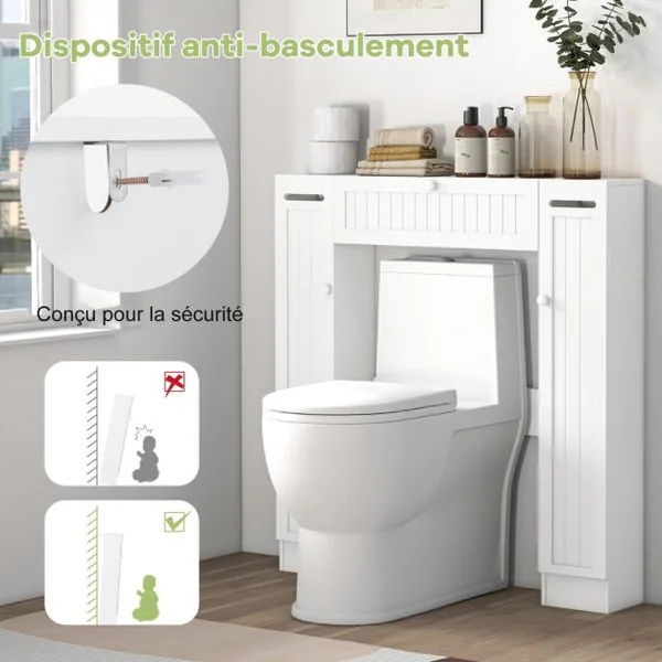 Rangement Au-dessus des Toilettes Organisateur de Salle de Bain Autoportant Étagères Réglables Porte-papier Blanc