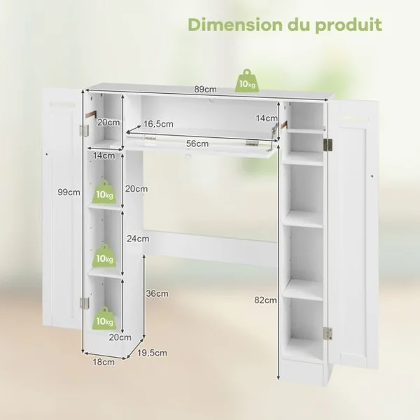 Rangement Au-dessus des Toilettes Organisateur de Salle de Bain Autoportant Étagères Réglables Porte-papier Blanc