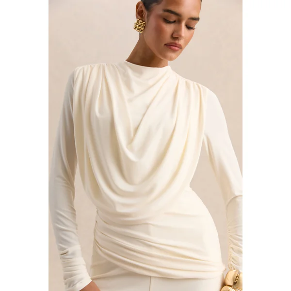 Raniella | Haut blanc à encolure haute avec détails froncés et drapés