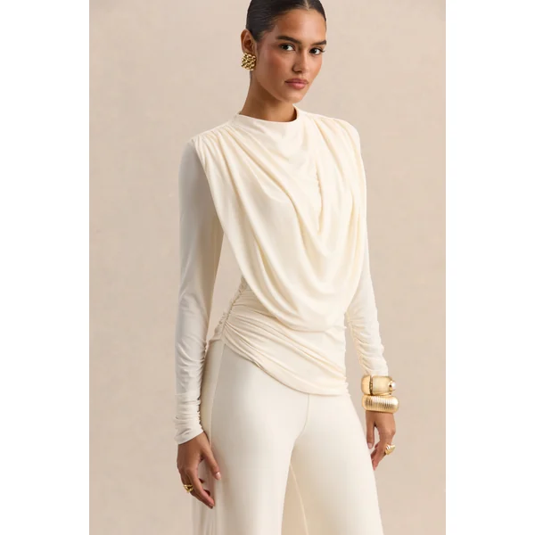 Raniella | Haut blanc à encolure haute avec détails froncés et drapés