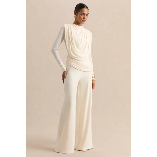Raniella | Haut blanc à encolure haute avec détails froncés et drapés