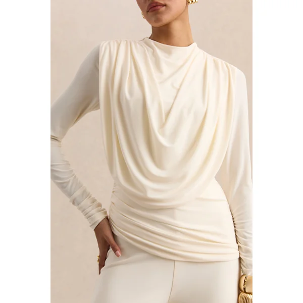 Raniella | Haut blanc à encolure haute avec détails froncés et drapés