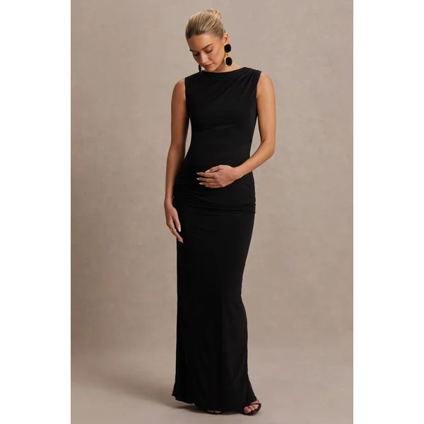 Raven | Robe longue de maternité noire à encolure bateau et détail froncé