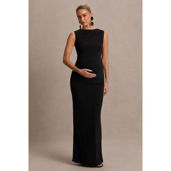 Raven | Robe longue de maternité noire à encolure bateau et détail froncé