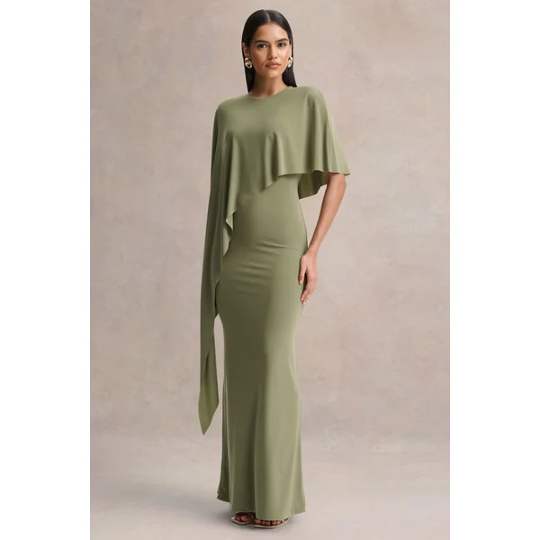 Ravena | Robe longue olive à encolure ras du cou avec manche cape asymétrique