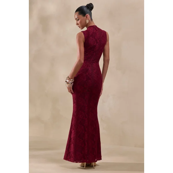 Ravissa | Robe Longue Bordeaux en Dentelle à Col Montant
