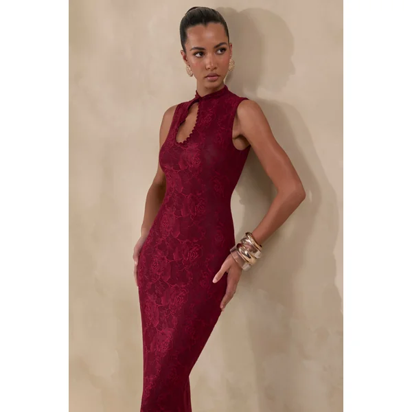 Ravissa | Robe Longue Bordeaux en Dentelle à Col Montant