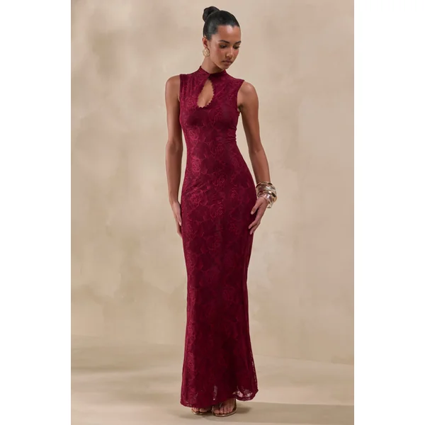 Ravissa | Robe Longue Bordeaux en Dentelle à Col Montant