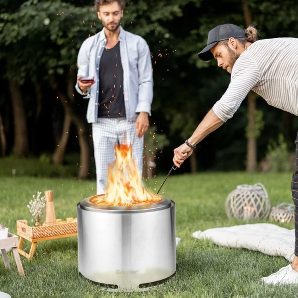 Rechaud Bois Poêle sans Emission de Fumée en Acier Inoxydable 304 Design à Double Paroi ⌀ 47 cm Housse Imperméable en PVC