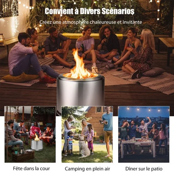 Rechaud Bois Poêle sans Emission de Fumée en Acier Inoxydable 304 Design à Double Paroi ⌀ 47 cm Housse Imperméable en PVC