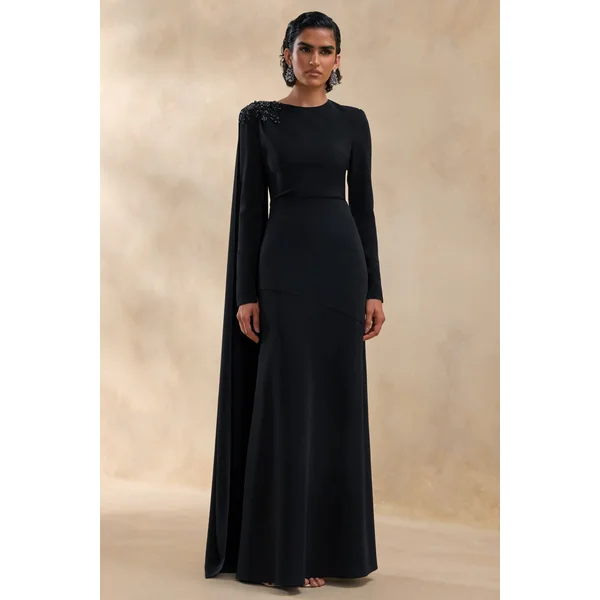 Reese | Robe longue noire à col montant avec détails ornés et ceinture