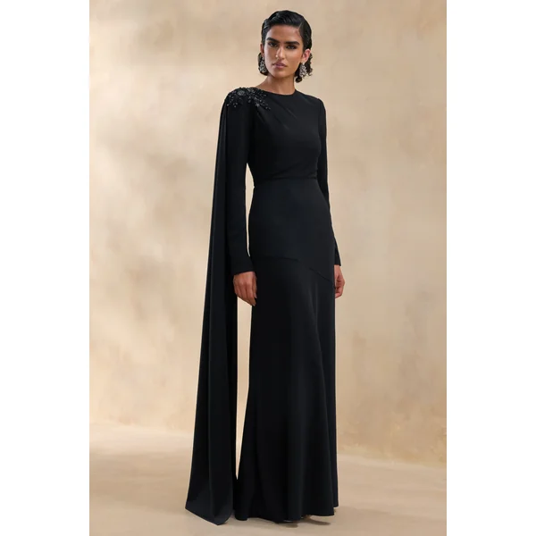 Reese | Robe longue noire à col montant avec détails ornés et ceinture