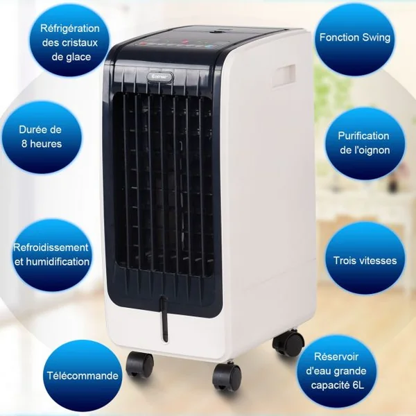 Refroidisseur d’Air 75W Portable avec Télécommande Ecran LCD 3 Vitesses Minuterie 8h Réservoir d'Eau 6L 32x25x57cm