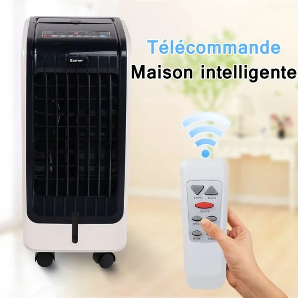 Refroidisseur d’Air 75W Portable avec Télécommande Ecran LCD 3 Vitesses Minuterie 8h Réservoir d'Eau 6L 32x25x57cm