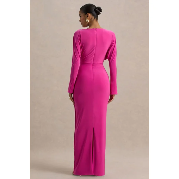 Regina | Robe longue rose vif à col montant drapée et croisée