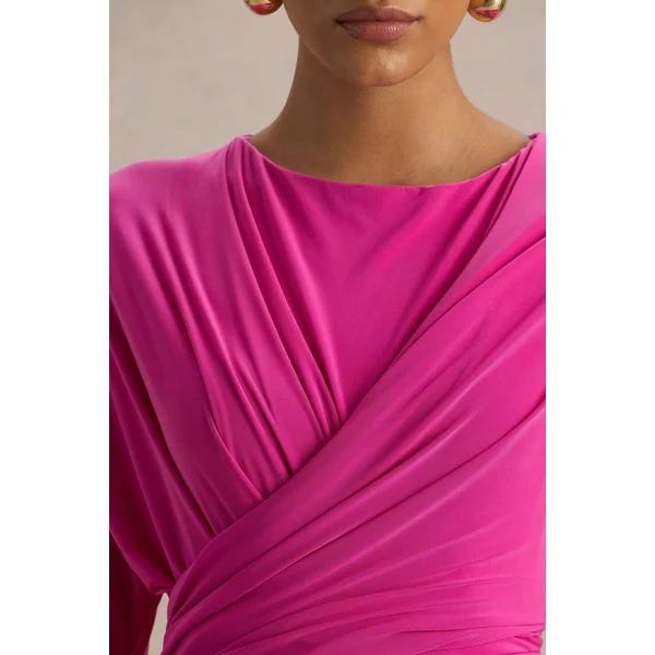 Regina | Robe longue rose vif à col montant drapée et croisée