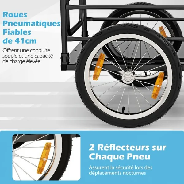 Remorque de Vélo avec Cadre Pliable Charge 55 kg Chariot pour Vélo avec Housse en Tissu Oxford Roues à Air de 40 cm Réflecteurs Bleu