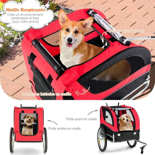 Remorque de Vélo pour Animaux de Compagnie jusqu'à 40 KG avec Roues de 50 cm et Toit Ouvrant pour Chiens/Chats Bleu/Rouge/Gris