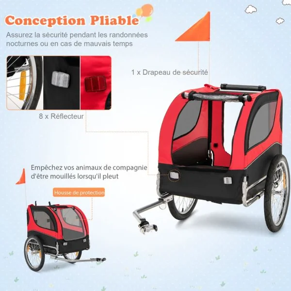 Remorque de Vélo pour Animaux de Compagnie jusqu'à 40 KG avec Roues de 50 cm et Toit Ouvrant pour Chiens/Chats Bleu/Rouge/Gris