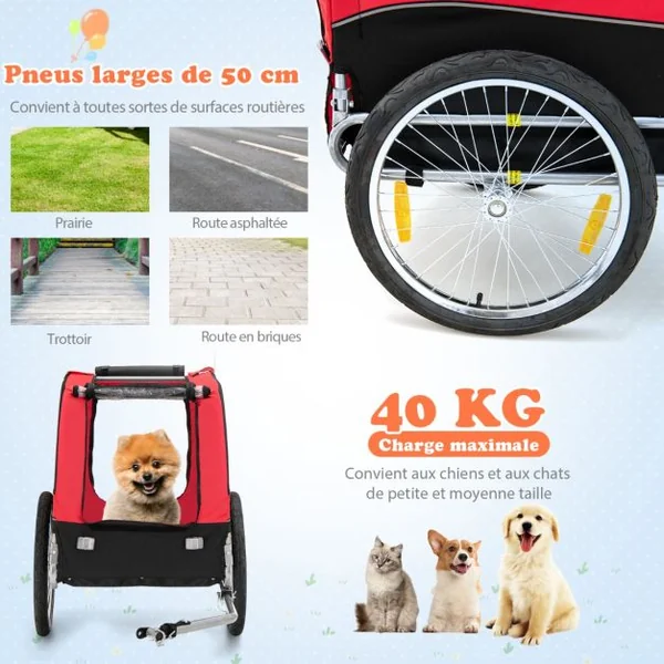 Remorque de Vélo pour Animaux de Compagnie jusqu'à 40 KG avec Roues de 50 cm et Toit Ouvrant pour Chiens/Chats Bleu/Rouge/Gris
