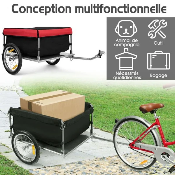 Remorque de Vélo/Bicyclette 16" Chariot de Transport Pliable Capacité 40KG en Acier 75 x 60 x 36 cm, Rouge+Noir