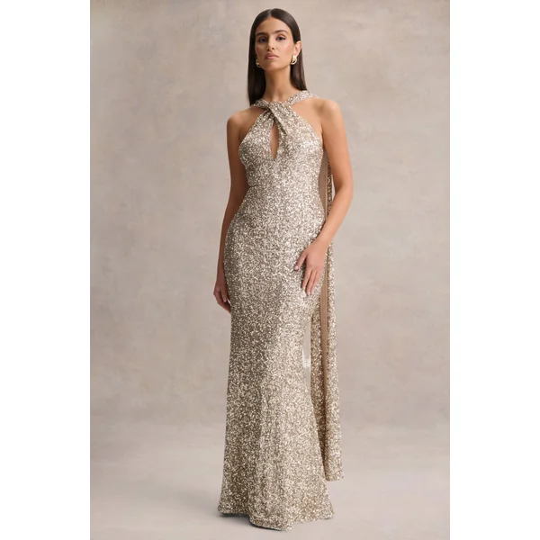 Renelle | Robe longue dorée en sequins à encolure américaine