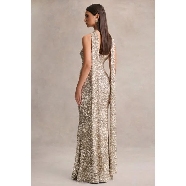 Renelle | Robe longue dorée en sequins à encolure américaine
