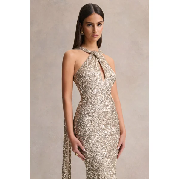 Renelle | Robe longue dorée en sequins à encolure américaine
