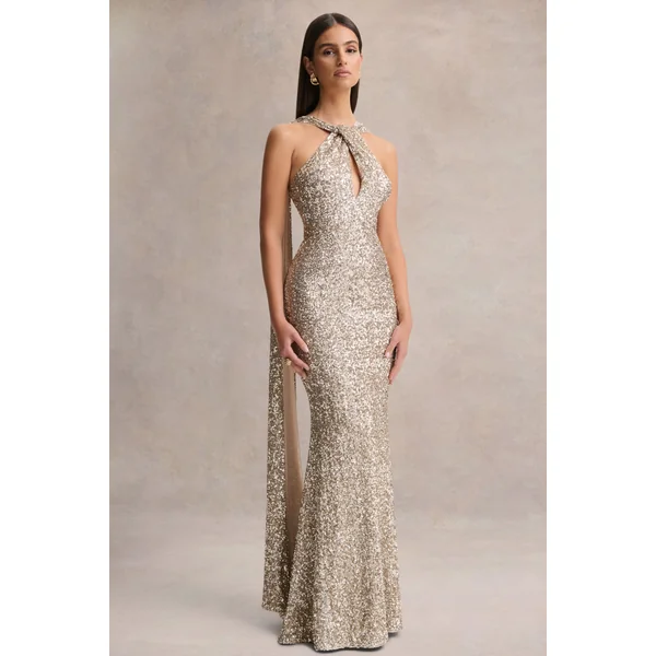 Renelle | Robe longue dorée en sequins à encolure américaine