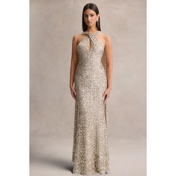 Renelle | Robe longue dorée en sequins à encolure américaine