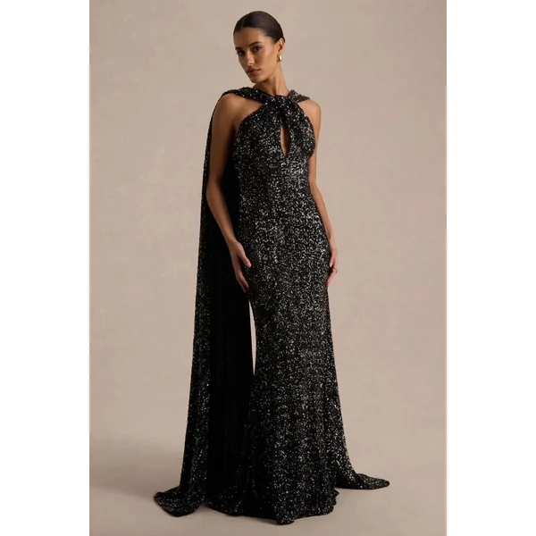 Renelle | Robe longue noire à dos nu en sequins