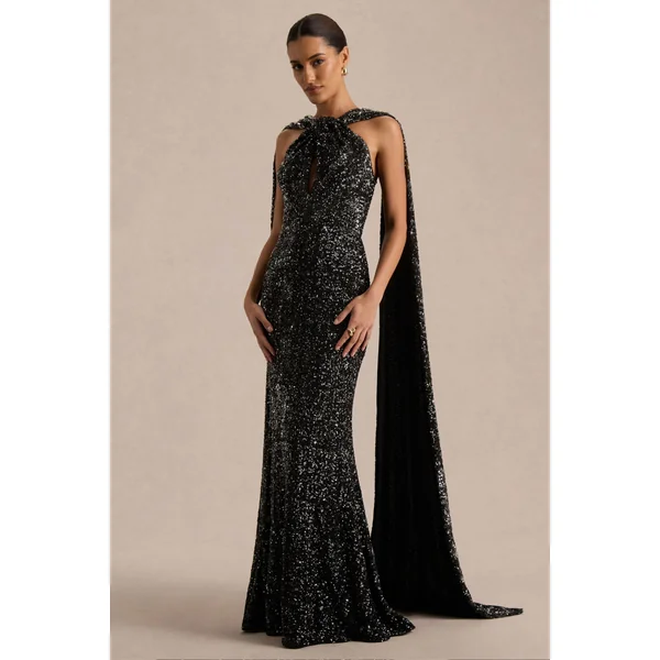 Renelle | Robe longue noire à dos nu en sequins