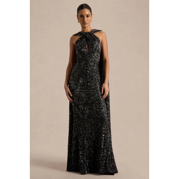 Renelle | Robe longue noire à dos nu en sequins