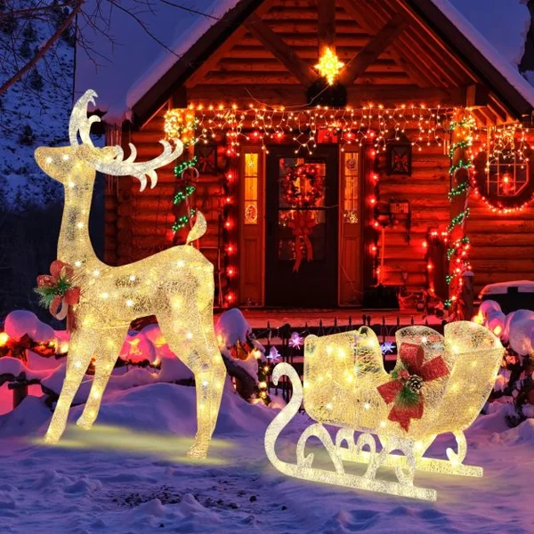 Renne Lumineux avec Traîneau 100 Lumières Blanches Chaudes Décoration LED de Noël Intérieur & Extérieur 8 Piquets