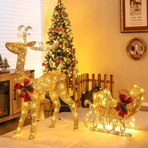 Renne Lumineux avec Traîneau 100 Lumières Blanches Chaudes Décoration LED de Noël Intérieur & Extérieur 8 Piquets