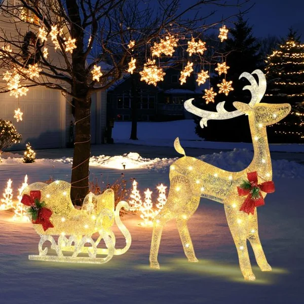 Renne Lumineux avec Traîneau 100 Lumières Blanches Chaudes Décoration LED de Noël Intérieur & Extérieur 8 Piquets