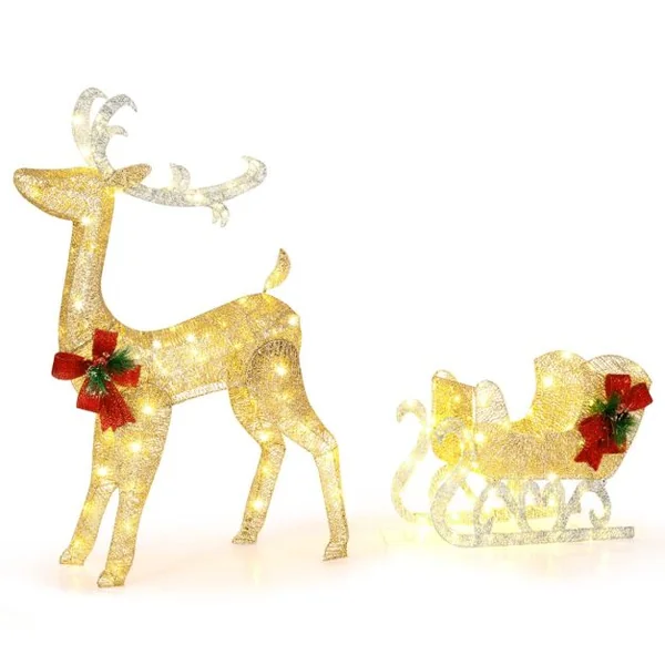 Renne Lumineux avec Traîneau 100 Lumières Blanches Chaudes Décoration LED de Noël Intérieur & Extérieur 8 Piquets