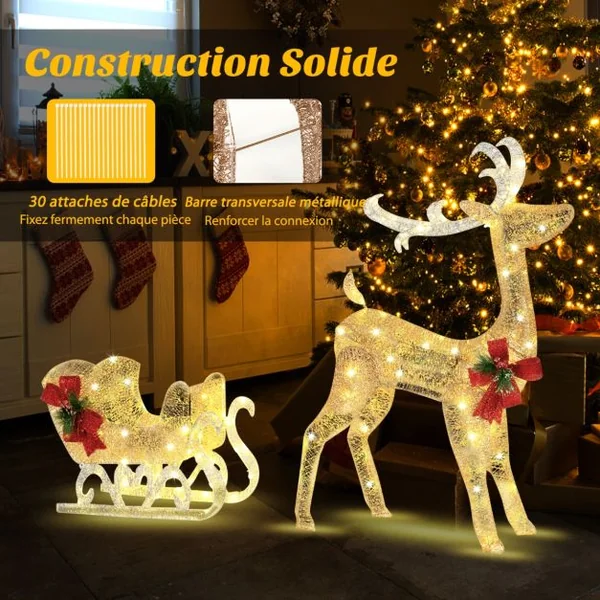 Renne Lumineux avec Traîneau 100 Lumières Blanches Chaudes Décoration LED de Noël Intérieur & Extérieur 8 Piquets