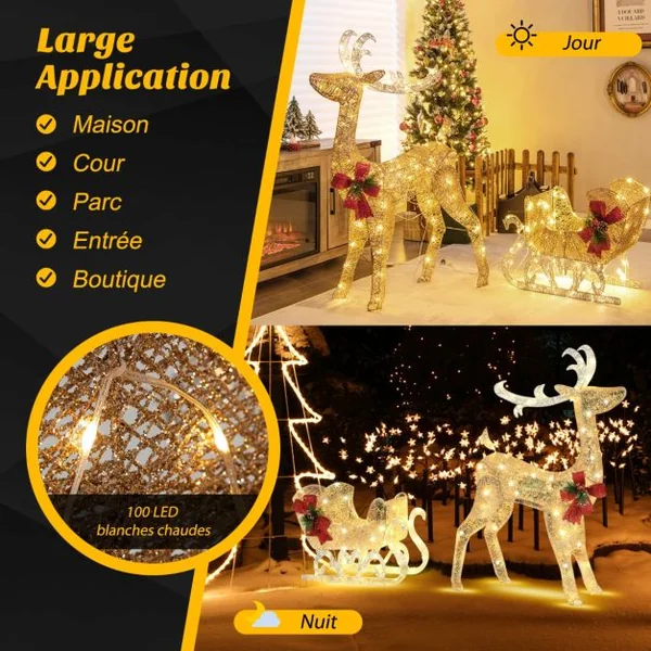 Renne Lumineux avec Traîneau 100 Lumières Blanches Chaudes Décoration LED de Noël Intérieur & Extérieur 8 Piquets