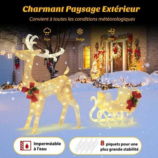 Renne Lumineux avec Traîneau 100 Lumières Blanches Chaudes Décoration LED de Noël Intérieur & Extérieur 8 Piquets