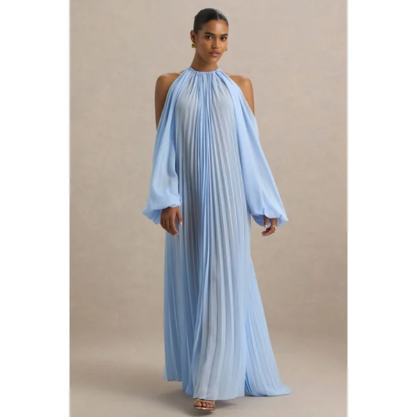 Reyna | Robe longue en chiffon plissé bleu poudré avec épaules dénudées