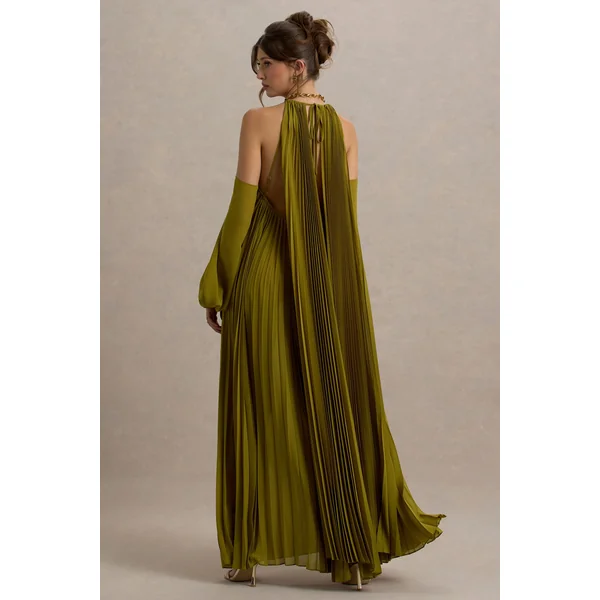 Reyna | Robe longue en chiffon plissé vert olive avec épaules dénudées