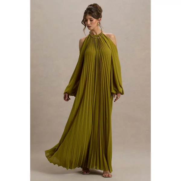 Reyna | Robe longue en chiffon plissé vert olive avec épaules dénudées