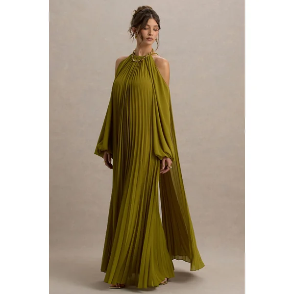 Reyna | Robe longue en chiffon plissé vert olive avec épaules dénudées